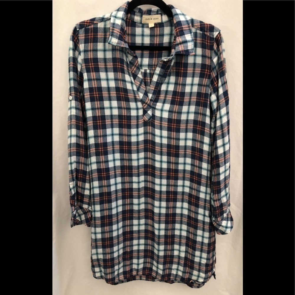 Cloth & Stone Blue Pink Plaid Tunic Shirt Dress Size Small Long Sleeve Pockets
